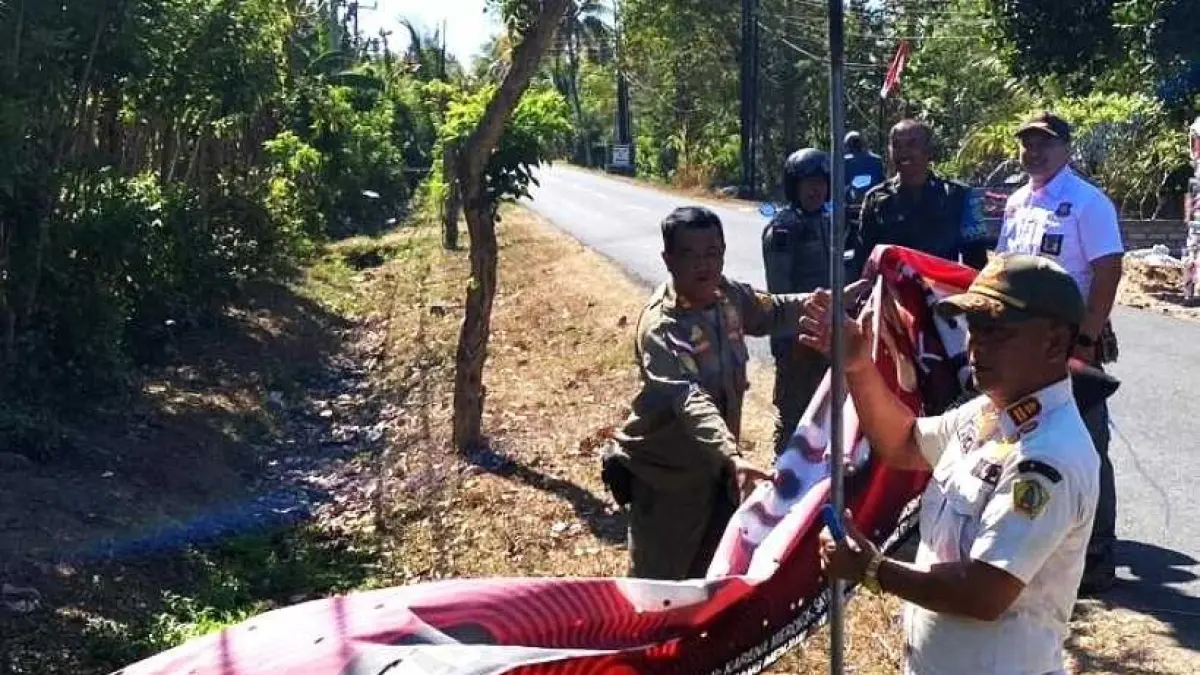 DICOPOTI : Penertiban reklame liar di Negara, Jembrana, oleh satpol PP . (Foto : Satpol PP Jembrana)