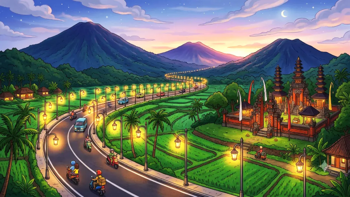 Ilustrasi lampu penerang jalan umum di Bali . (gambar digital gemini/radar bali)