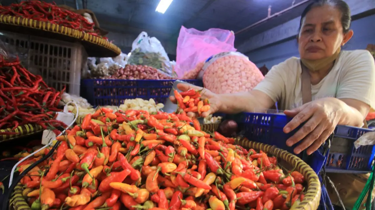 HARGA NAIK: Salah seorang pedagang cabai di Pasar Badung tengah melayani pembeli dan merapikan barang dagangannya. (MIFTAHUDDIN HALIM/radarbali.id)