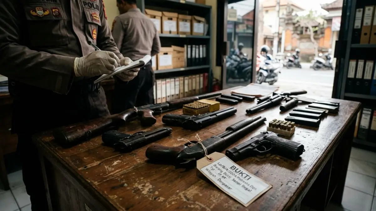 ULAH PENADAH: Satreskrim Polresta Denpasar mengamankan seorang pria berinisial ARM terkait dugaan kepemilikan senjata api ilegal beserta lima butir amunisi. (ist/radarbali.id)