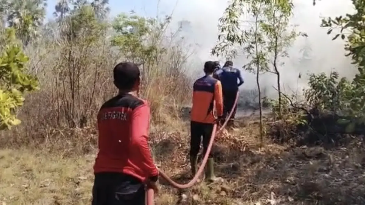 PADAMKAN API : Damkar bersama warga memadamkan kebakaran lahan di Banjar Bhuana Kusuma, Desa Dukuh, Kubu, Karangasem. (foto: BPBD Karangasem)