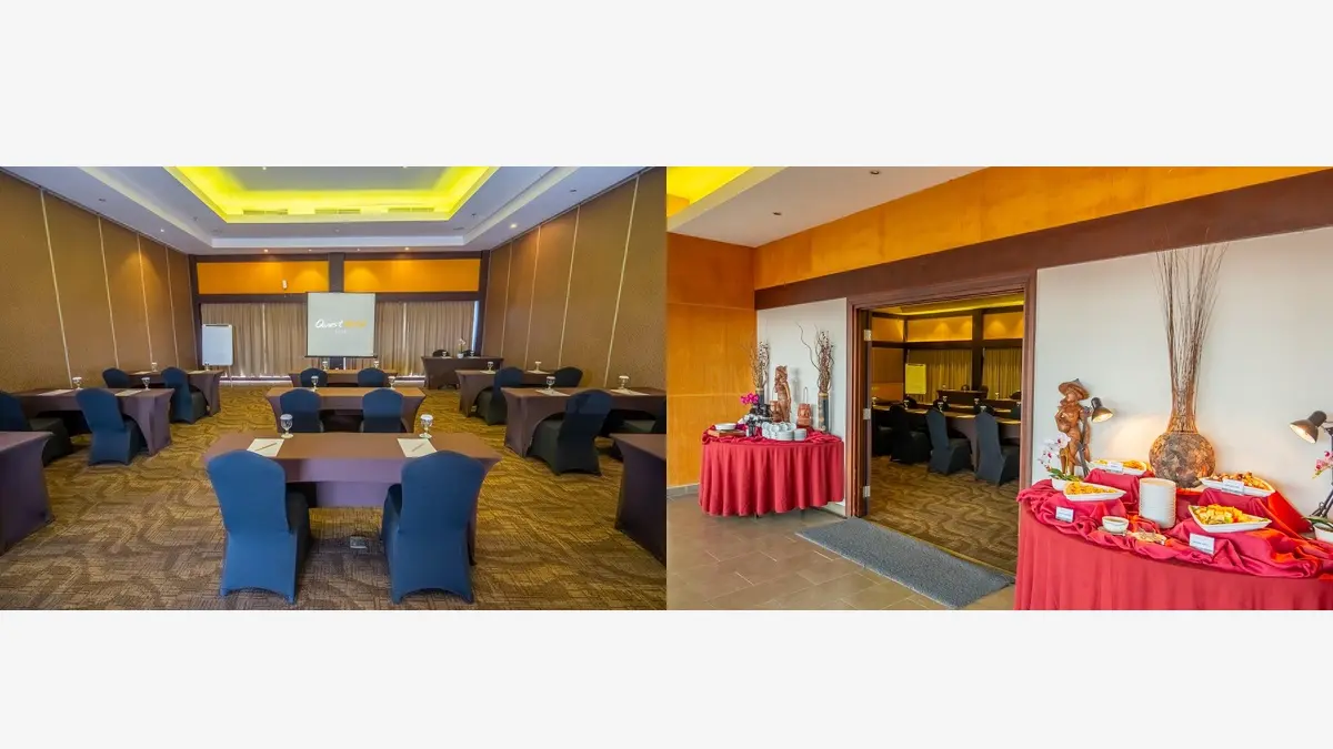 Kiri ke kanan: setup meeting room dengan sekat, dan setup coffee break di functional area Quest Hotel Kuta.