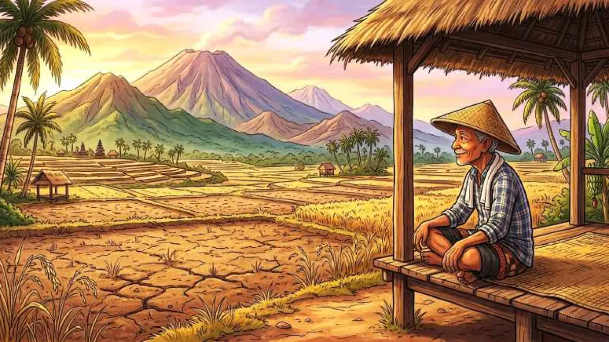 Ilustrasi kondisi persawahan di Bali saat kemarau Panjang. (gambar digital gemini/radar bali)