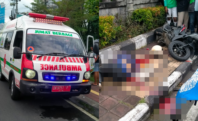 Ambulans yang menerobos lampu merah hingga terjadi kecelakaan yang mewewaskan pengendara motor di Kuta, Badung. (IST)