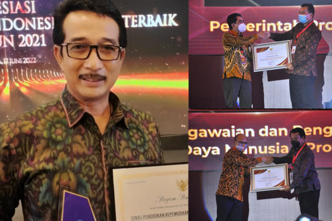 PRESTASI: Kadisdikpora Provinsi Bali, IKN Boy Jayawibawa, Inspektur Provinsi Bali, Wayan Sugiada, dan Kepala Badan Kepegawaian dan Pengembangan Sumber Daya Manusia (BKPSDM) Provinsi Bali Ketut Lihadnyana saat mewakili Gubernur Bali, Wayan Koster menerima