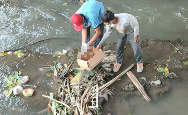 BIKIN GEGER: Orok Bayi jenis kelamin laki-laki ditemukan dan dilakukan Olah TKP dan pemeriksaan oleh pihak IIentifikasi di tanggul, tepatnya bawah jembatan Penyampuhan, Denpasar Barat, Senin (10/9).