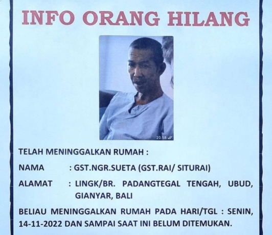 AKHIRNYA DITEMUKAN : Pengumuman kakek yang belum pulang dibuat oleh keluarga. (foto: istimewa)