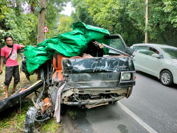 BONYOK: Sebuah pikap yang menghantam truk di jalur tengkorak Denpasar - Gilimanuk bonyok ringsek berat di duga akibat pengemudi ngantuk