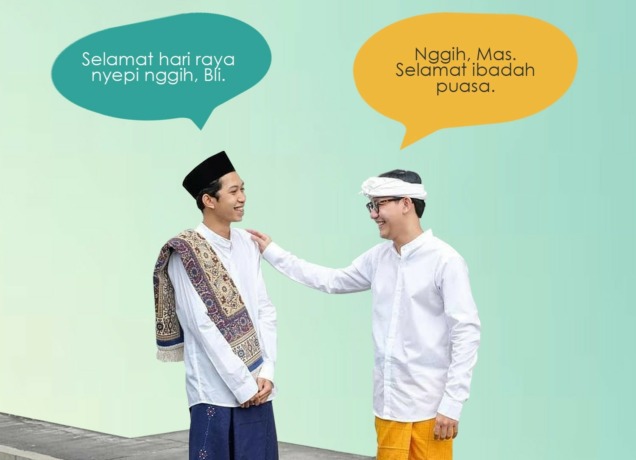 SALING MENGHARGAI: Ilustrasi ucapan selamat hari raya Nyepi dan ucapan selamat menjalankan ibadah puasa yang kebetulan bersamaan.