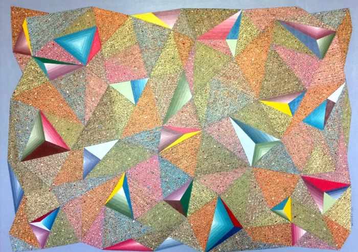 PURPLE TRIANGLE MOZAIC : Lukisan bermedia kanvas, akrilik, 90x 120 cm, salah satu lukisan yang dibuat tahun 2011, karya mendiang Made Wianta  yang dipamerkan kali ini. (foto: istimewa)