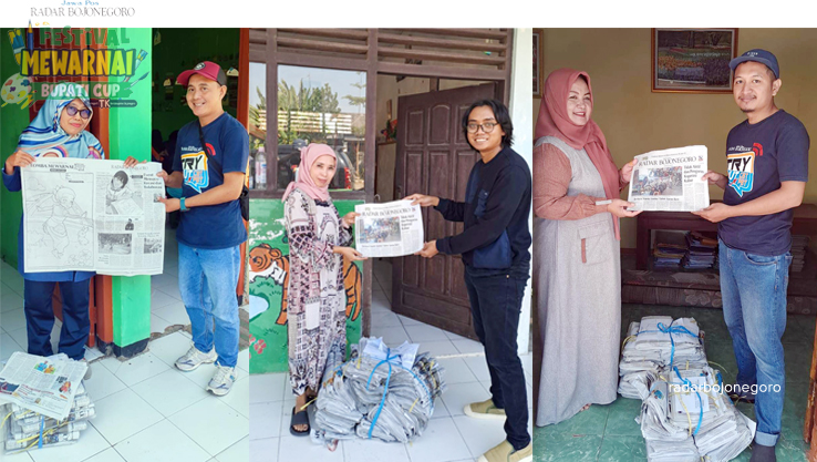 PENGIRIMAN CEPAT: Tim distribusi koran Radar Bojonegoro ke IGTK setiap kecamatan berjalan cepat. Festival Mewarnai Bupati Cup ini dengan media koran. (TIM MEWARNAI/RDR.BJN)