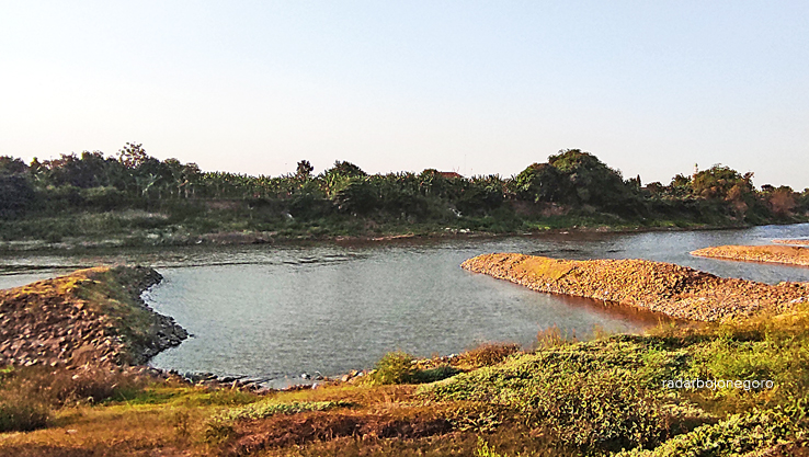 SURUT: Bengawan Solo di musim kemarau ini mulai surut, terlihat tumpukan batu di tengah sungai terpanjang di Pulau Jawa ini. (DHANI WAHYU ALFIANSYAH/RDR.BJN)