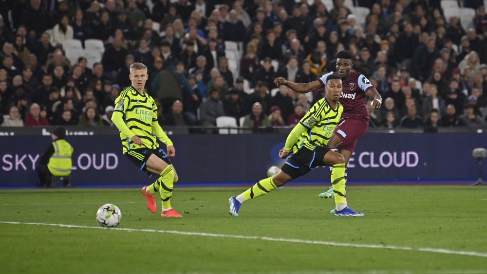 Mohammed Kudus saat membuka keunggulan West Ham United terhadap Arsenal di babak kedua pertandingan 16 besar Carabao Cup (1/11) (Foto: Tim Media West Ham United)