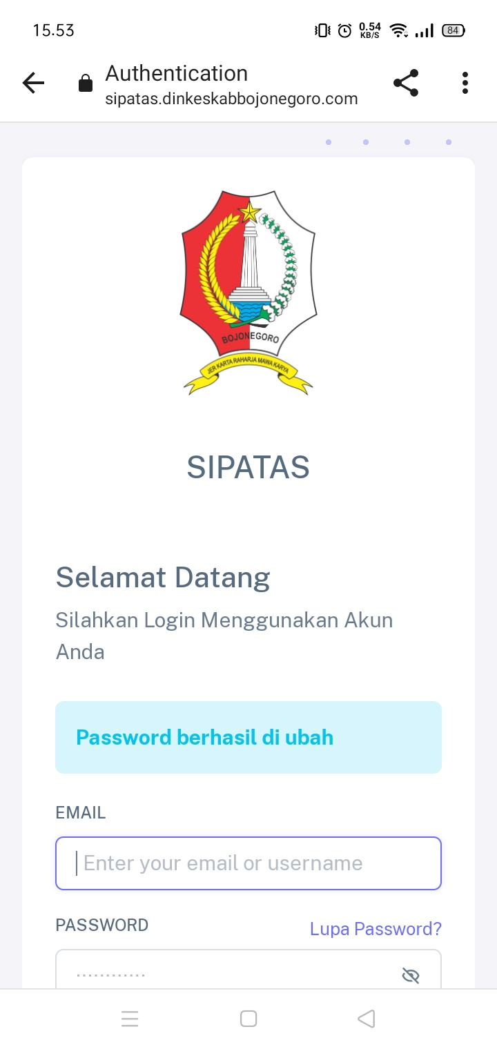Layar Pergantian Password dan Login, jika Password Sudah Diubah