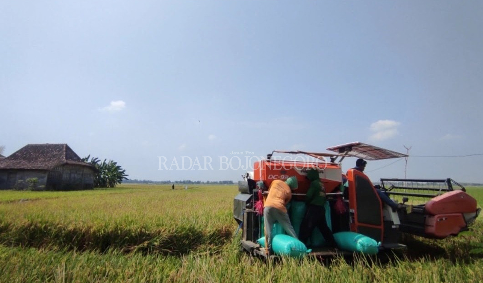 PANEN: Petani sedang mamanen padi dengan combine. (DHANI ALFIANSYAH/RDR.BJN)