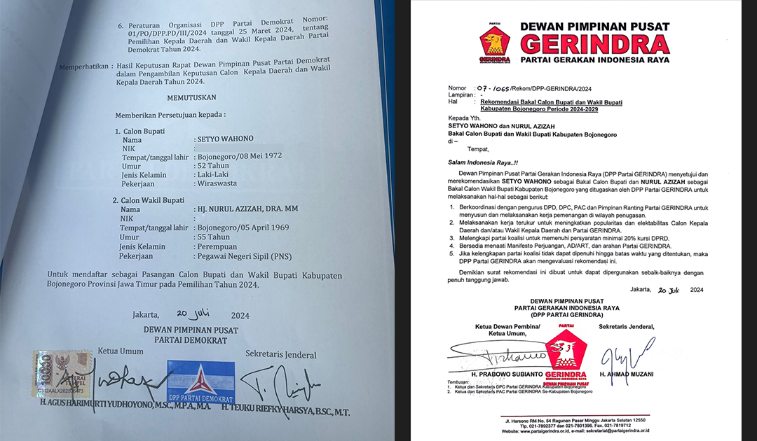 REKOM PILKADA: Rekomendasi pencalonan Setyo Wahono dan Nurul Azizah oleh Demokrat (kiri) dan Gerindra (kanan) telah diterbitkan