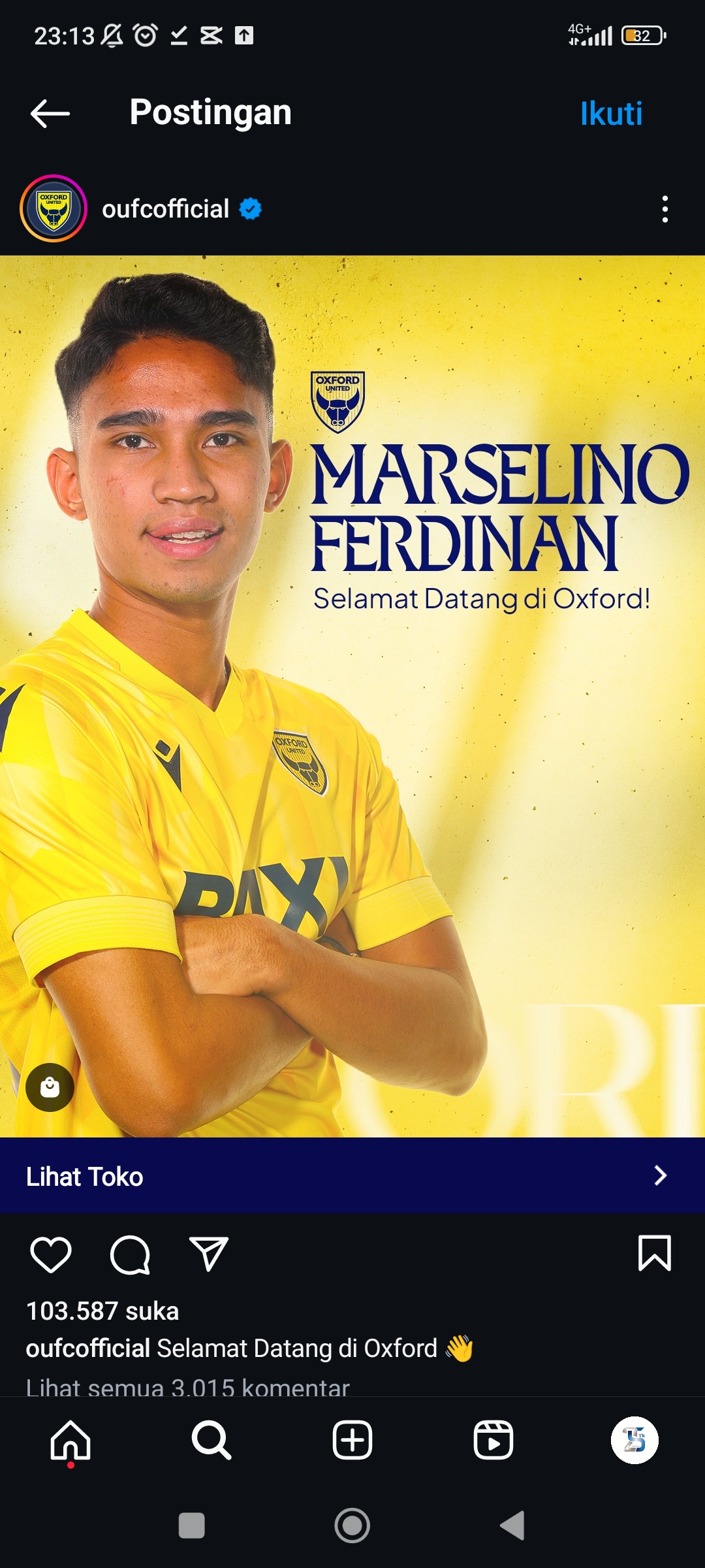 Postingan Instagram Oxford United perkenalkan Marselino Ferdinand jadi rekrutan terbaru.