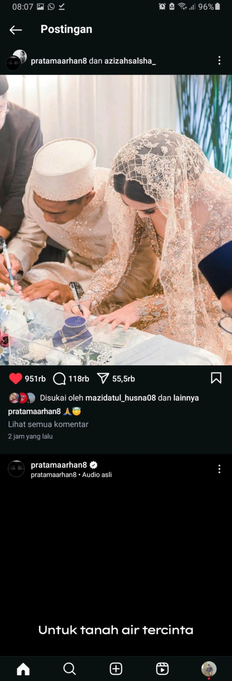 Postingan anniversary pernikahan Arhan di Instagram.