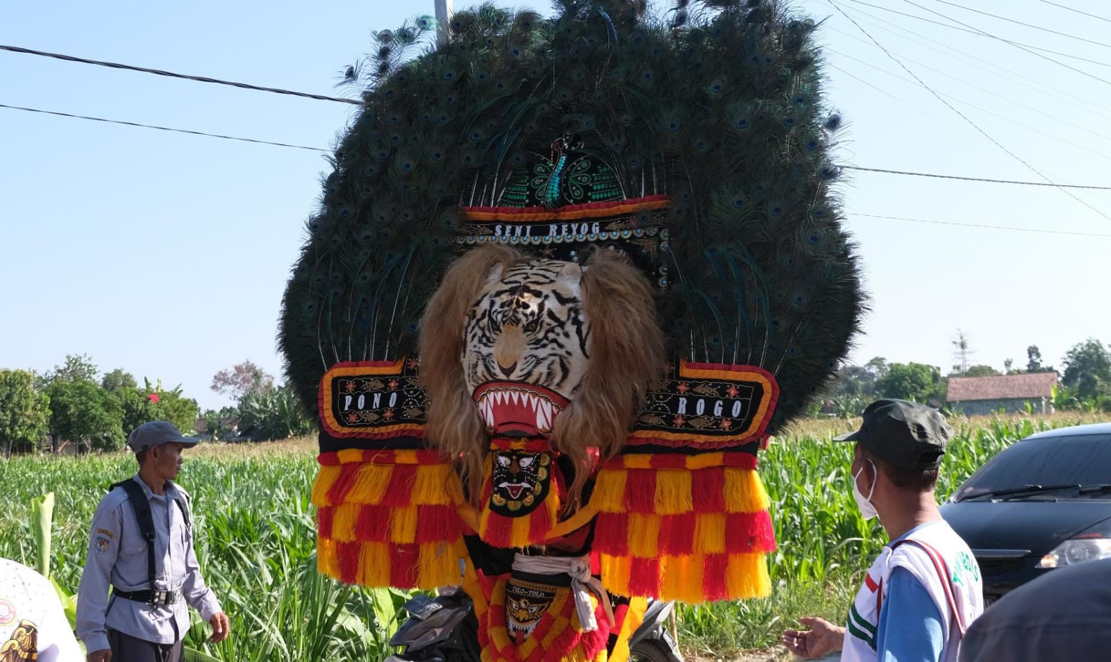 MEMUKAU: Pagelaran Reog Ponorogo disuguhkan kelompok seni reog asal Desa Mulyorejo, Kecamatan Tambakrejo saat acara jalan sehat dalam rangka HUT ke-79 RI, Sabtu (24/8). (FARHAN REZA ARDIANSYAH/RADAR B