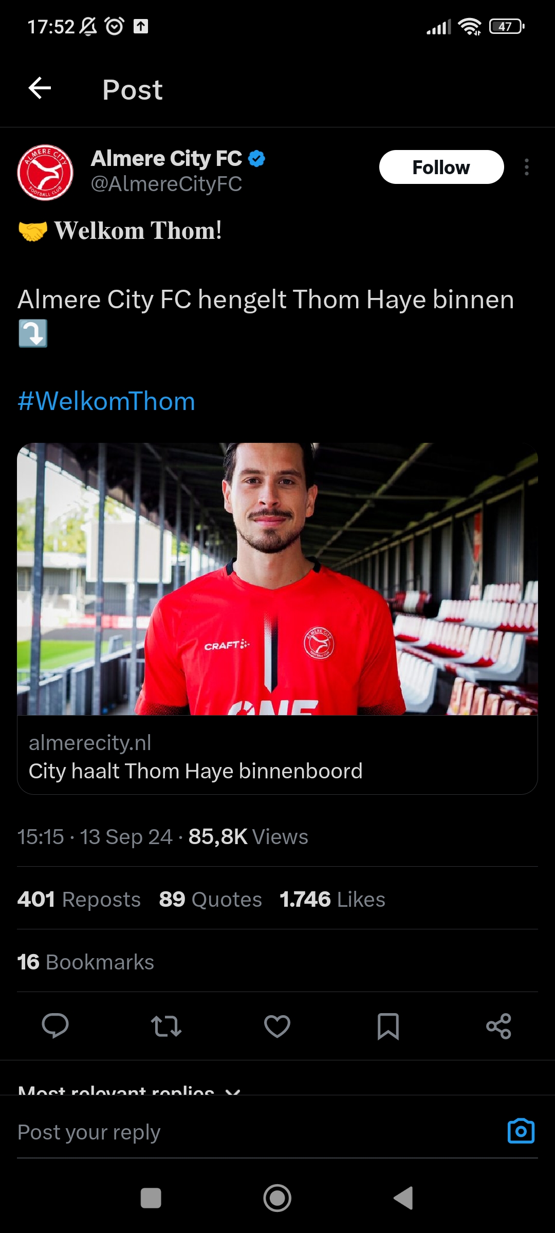 Almere City perkenalkan Thom Haye lewat akun X.