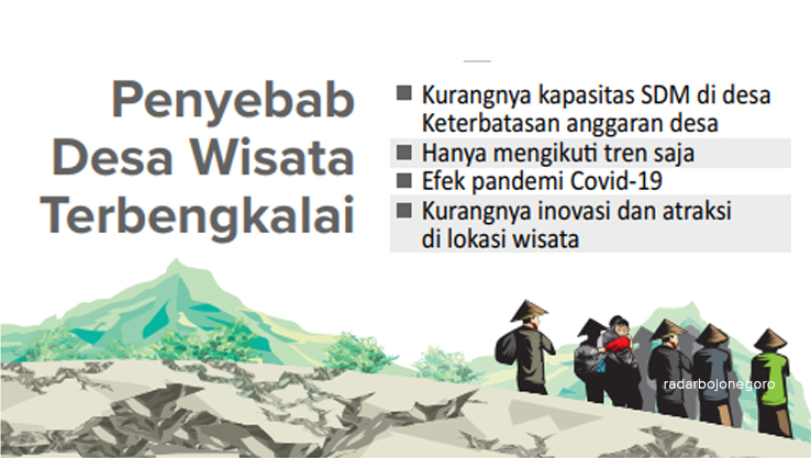 GRAFIS:  Penyebab Desa Wisata Terbengkalai -	Kurangnya kapasitas SDM di desa -	Keterbatasan anggaran desa -	Hanya mengikuti tren saja -	Efek pandemi Covid-19