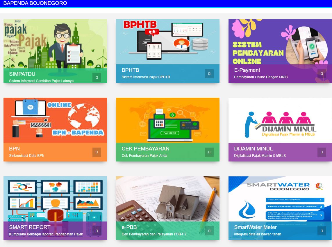 Tampilan menu aplikasi Simpadu Bapenda Bojonegoro. Selain pembayaran pajak sesuai kebutuhan, riwayat pembayaran pajak dan laporan pajak dapat diperoleh oleh wajib pajak. (ISTIMEWA/RADAR BOJONEGORO)