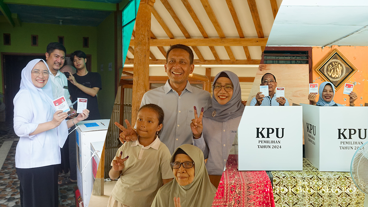 BERSAMA KELUARGA: Cawabup Nomor 01 Farida Hidayati (kiri), Cabup Nomor 02 Setyo Wahono (tengah) dan Cawabup Nomor 02 Nurul Azizah (kanan) menggunakan hak pilih di TPS domisili masing-masing (TIM DOKUM
