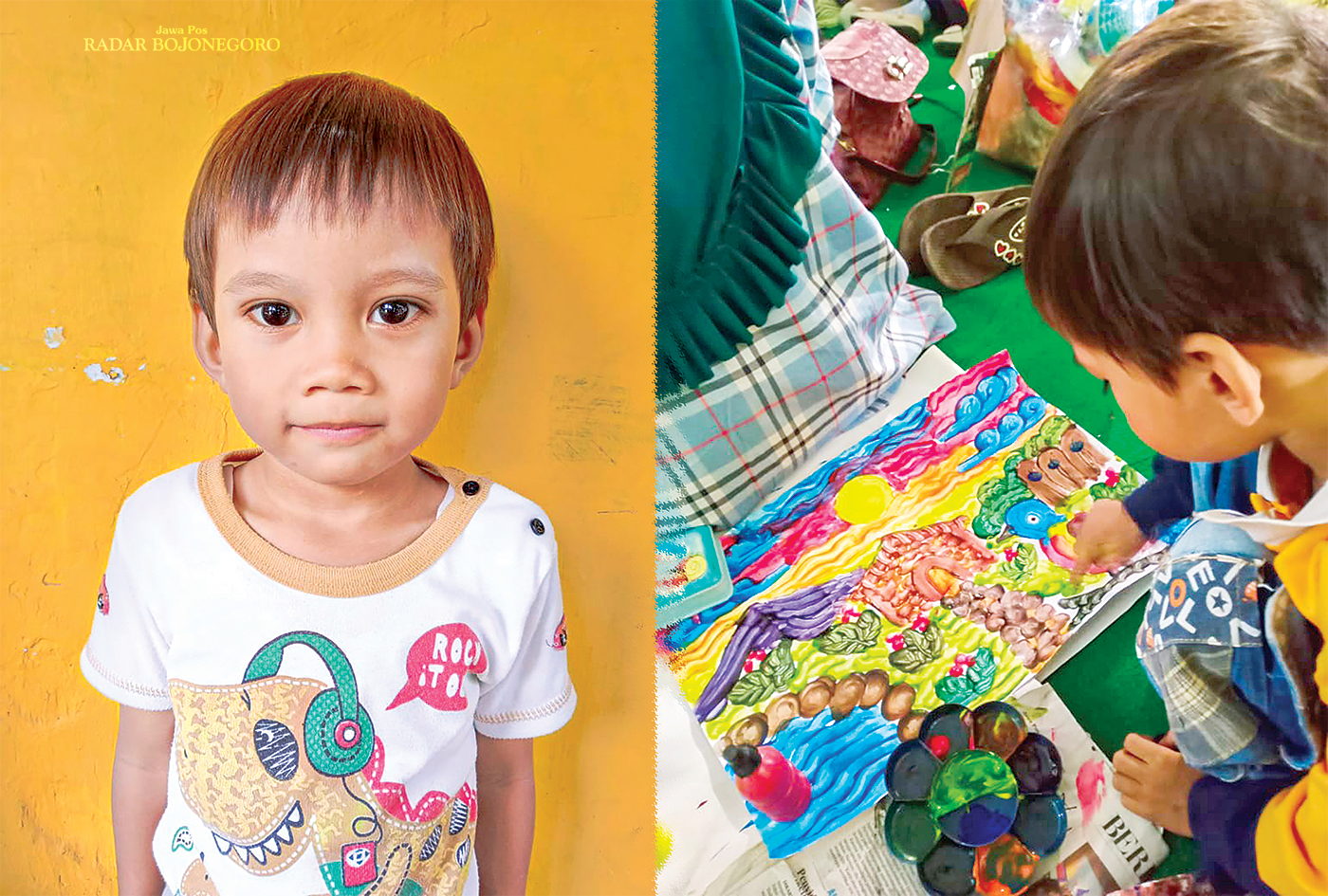 JUARA: Muhammad Aksa Alkhalifi berhasil meraih Juara 2 Kategori KB Gebyar PAUD Festival Finger Painting 2024. (DEWI SAFITRI/RADAR BOJONEGORO)