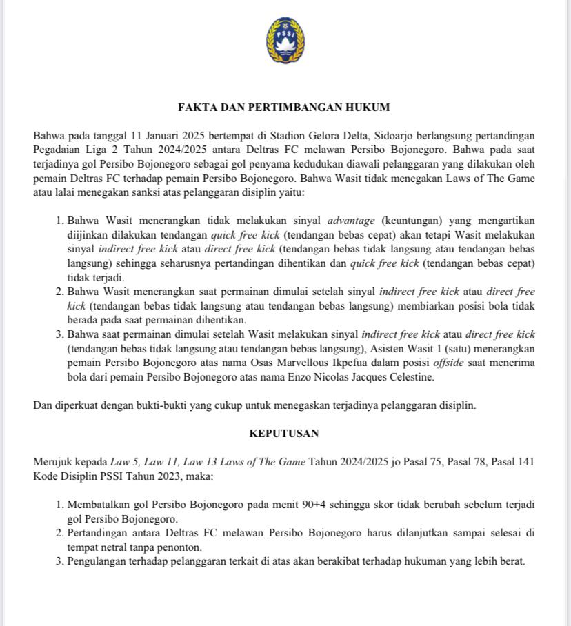Surat keputusan Komdis PSSI soal kasus laga Deltras FC vs Persibo.