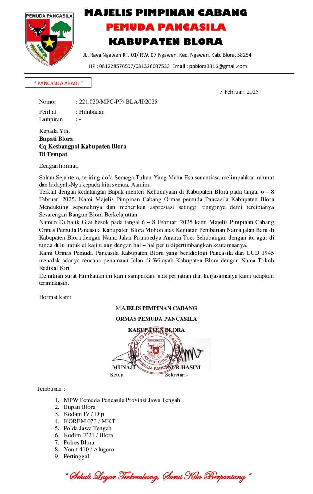 Surat himbauan Pemuda Pancasila Blora yang menolak penamaan jalan Pramoedya Ananta Toer.