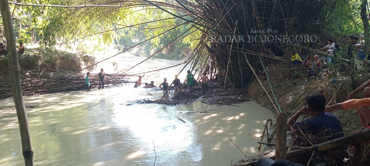 PROSES PENCARIAN: Warga membantu pencarian korban di Kali Gede di Dusun Jepang, Desa Margomulyo kemarin.  (DHANI WAHYU ALFIANSYAH/RADAR BOJONEGORO)