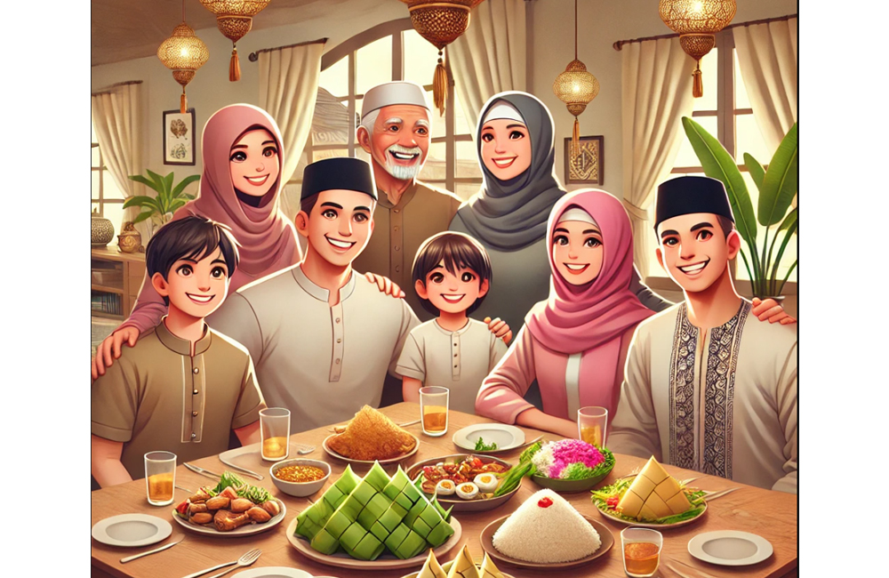 Ilustrasi keluarga sedang berlebaran.