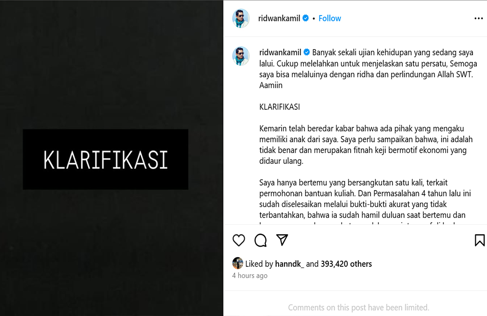 Klarifikasi Ridwan Kamil di akun Instagramnya, yang membantah tuduhan bahwa dirinya memiliki hubungan terlarang dengan Lisa Mariana.