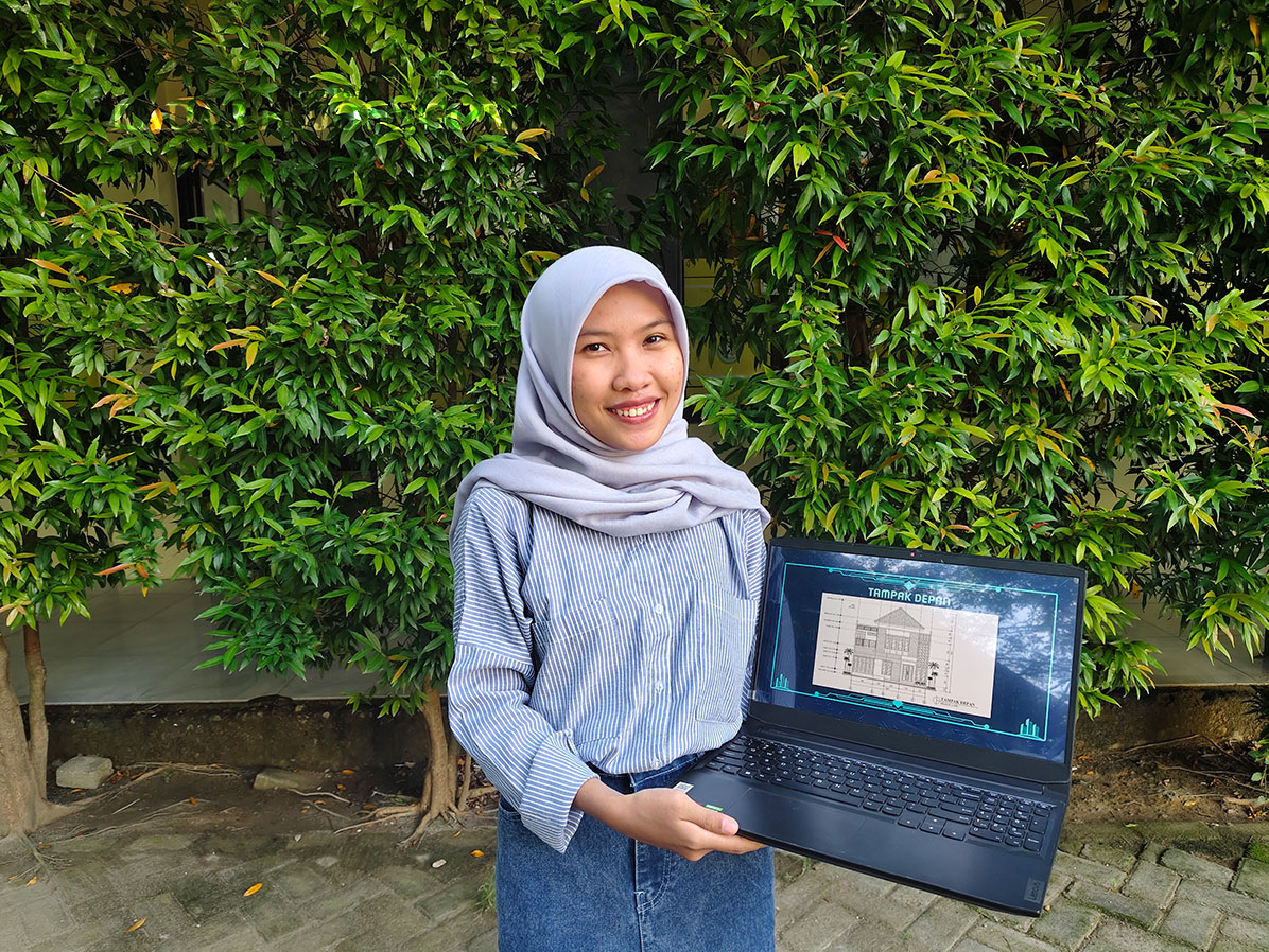 BERPRESTASI: Anur Rofiqoh Aini pamerkan salah satu desain bangunannya. Perempuan asal Desa Mori, Kecamatan Trucuk kerap sabet juara kompetisi AutoCAD.(ISTIMEWA/RADAR BOJONEGORO)