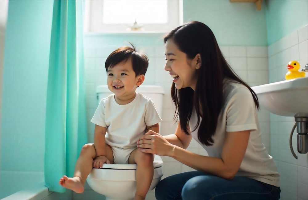 Ilustrasi seorang ibu yang mengajarkan toilet training kepada si kecil