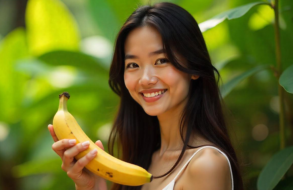 Ilustrasi perempuan yang menggunakan kulit pisang untuk perawatan kulitnya
