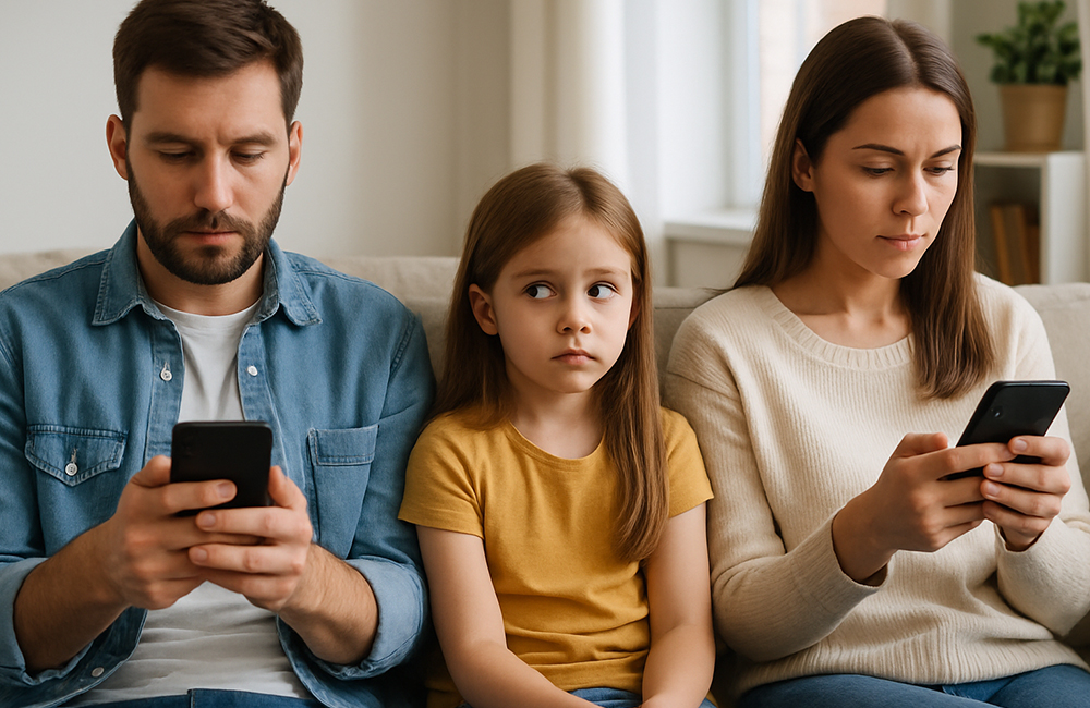 Ilustrasi kebiasaan buruk orang tua kecanduan gadget, yang berdampak buruk pada anak
