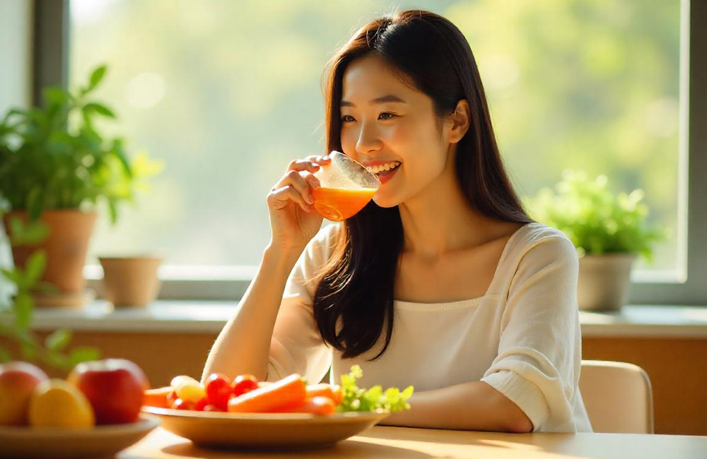 Ilustrasi perempuan yang mengonsumsi jus buah untuk perawatan kulit dari dalam