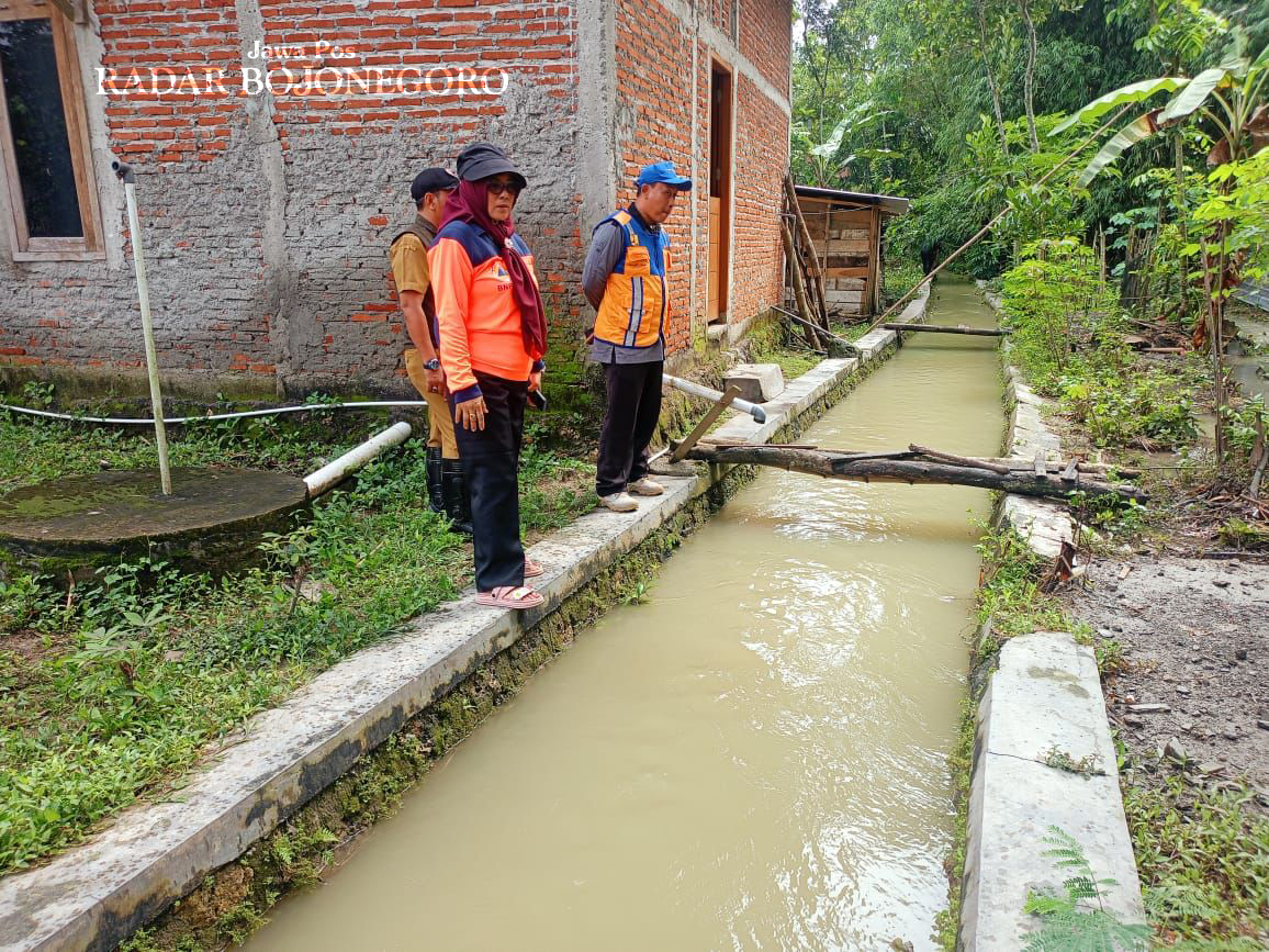 MONITORING: Petugas BPBD Blora sedang monitoring wilayah banjir, selokan, dan jembatan di Desa Sidomuly, Kecamatan Banjarejo. (ISTIMEWA/RADAR BOJONEGORO)