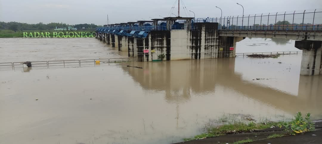 MELUAP: Pintu Bendung Gerak Bengawan Solo di Kecamatan Trucuk ini dibuka, air tampak meluap hingga tepi bengawan. Saat ini statusnya siaga merah. (DHANI WAHYU ALFIANSYAH/RADAR BOJONEGORO)