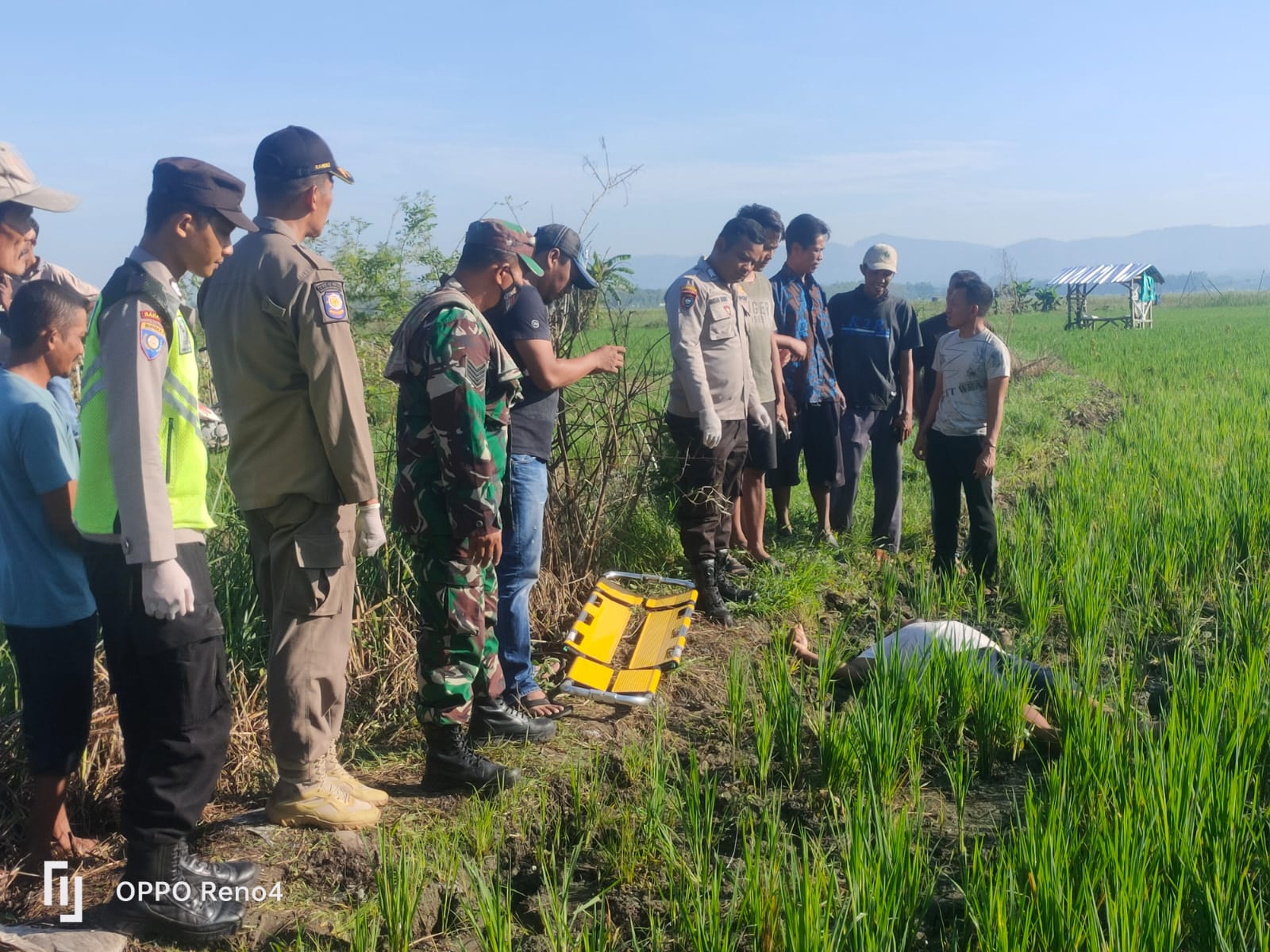 JEBAKAN TIKUS: Petugas Polsek Kalitidu olah TKP tewasnya warga akibat tersengat jebakan tikus di area persawahan Desa Sumengko, Kecamatan Kalitidu