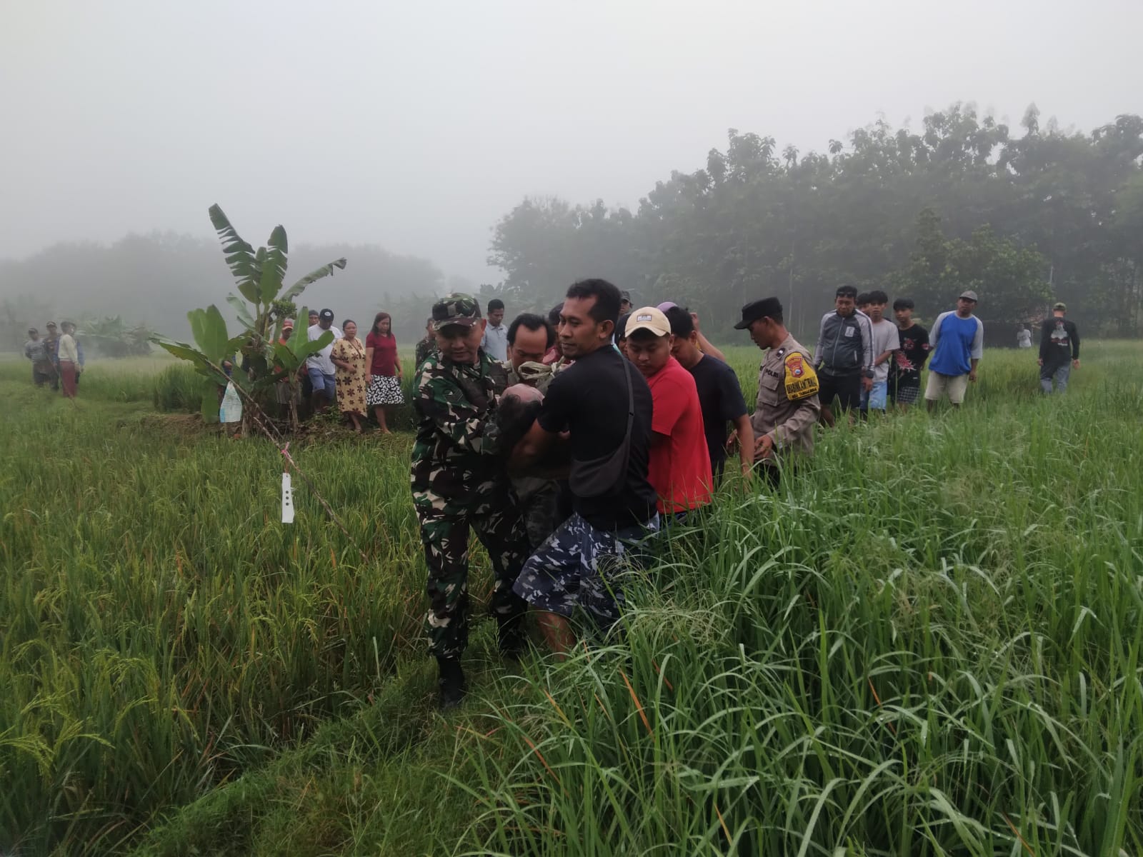 EVAKUASI: Petugas bersama warga mengevakuasi korban petani yang diduga meninggal karena tersengat kawat listrik jebakan tikus.