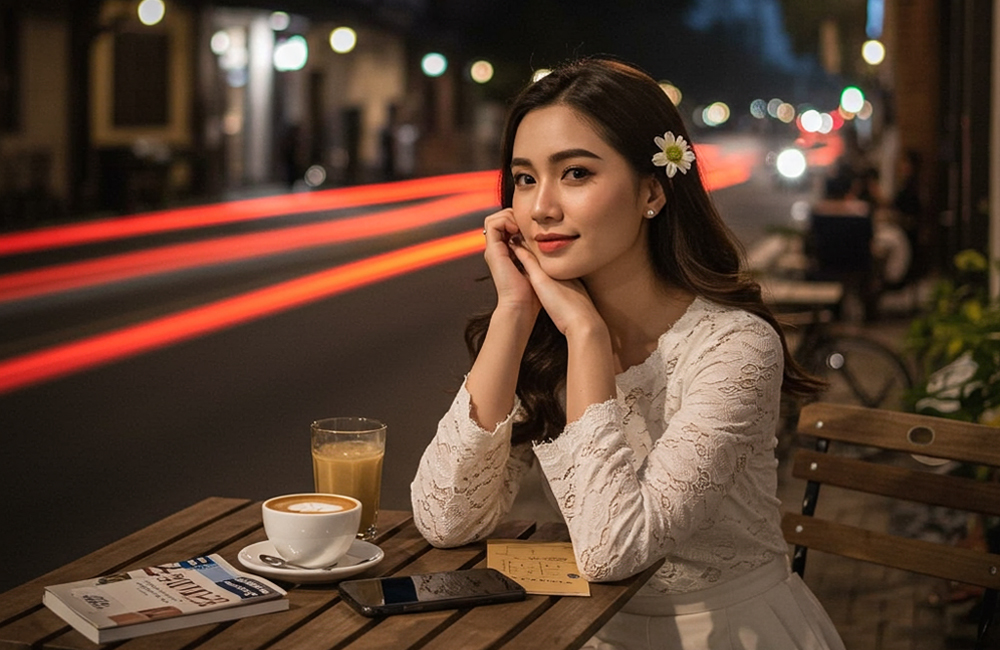 Ilustrasi perempuan di kafe.