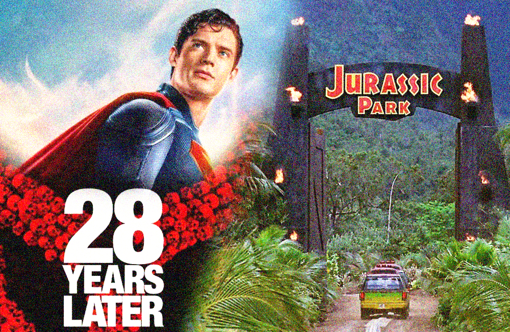 Kolase poster film Superman, Jurassic Park, 28 Years Later.