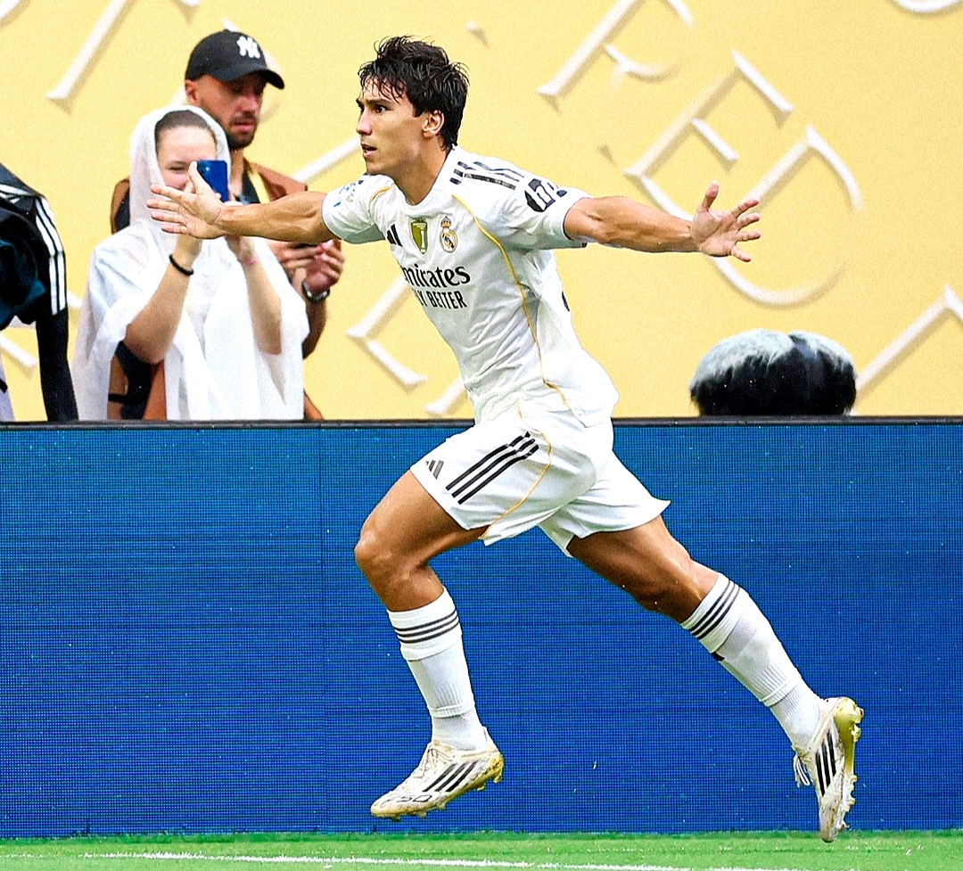 Gonzalo Garcia merayakan gol semata wayang Real Madrid saat bungkam Juventus.