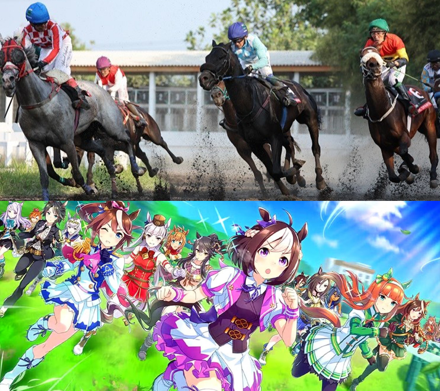 Mungkin kunci untuk membuat masyarakat muda tertarik dengan pacuan kuda adalah membuat versi gadis anime dari kuda tersebut. (Dok. Sarga.co (atas)/Cygames (bawah))