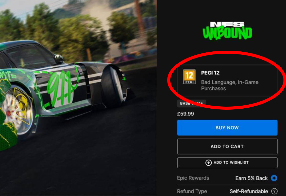 Contoh penerapan rating PEGI di Epic Store, menampilkan alasan pembatasan umur untuk gim Need for Speed Unbound