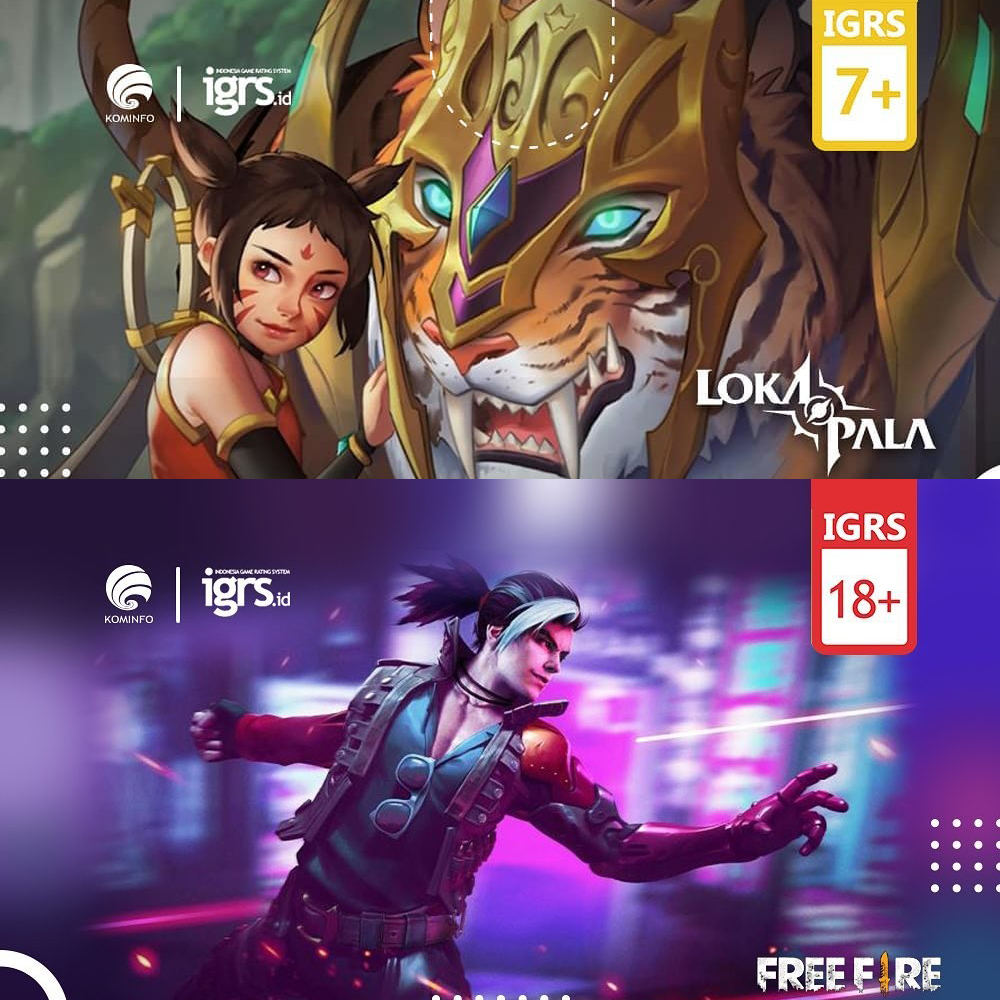 Contoh penerapan rating IGRC untuk gim Lokapala (atas) dan Free Fire (bawah). Sebagai catatan, label IGRS dalam foto masih menggunakan label prototipe yang telah diganti per Sabtu (11/10)