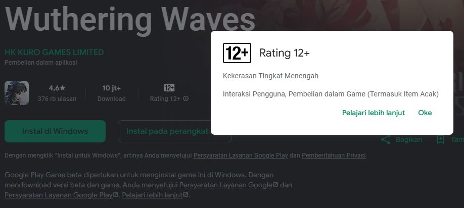 Contoh penerapan rating IARC di Google Play, menampilkan alasan pembatasan umur untuk gim Wuthering Waves