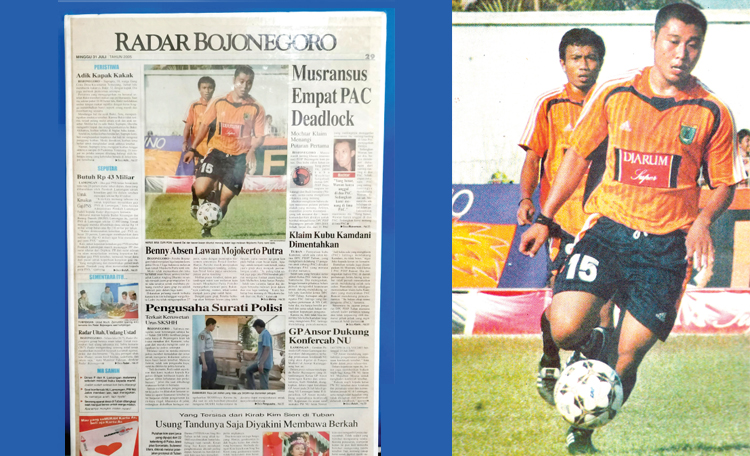 CATATAN SEJARAH: Pemain Persibo 2005 Iswandi Dai dan Reggie Radietyo berhasil mengantarkan tim kebanggan warga Bojonegoro masuk divisi utama Liga Indonesia 2005. (Dok. Radar Bojonegoro)
